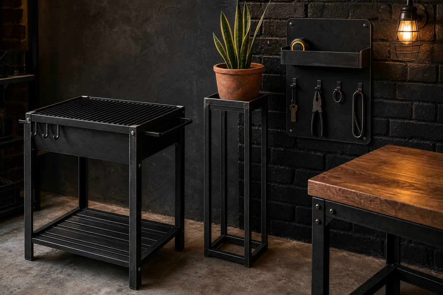 Escena de referencia con asador, soporte para matera, organizador, mesa y estructuras auxiliares fabricables en hierro